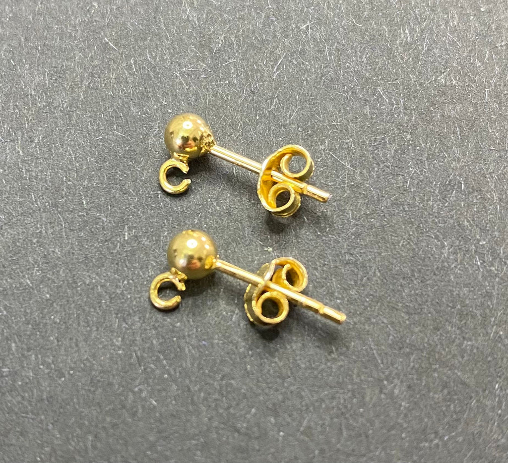 Ball stud earrings, gold-plated 925 sterling silver with loop, 3 & 4 mm