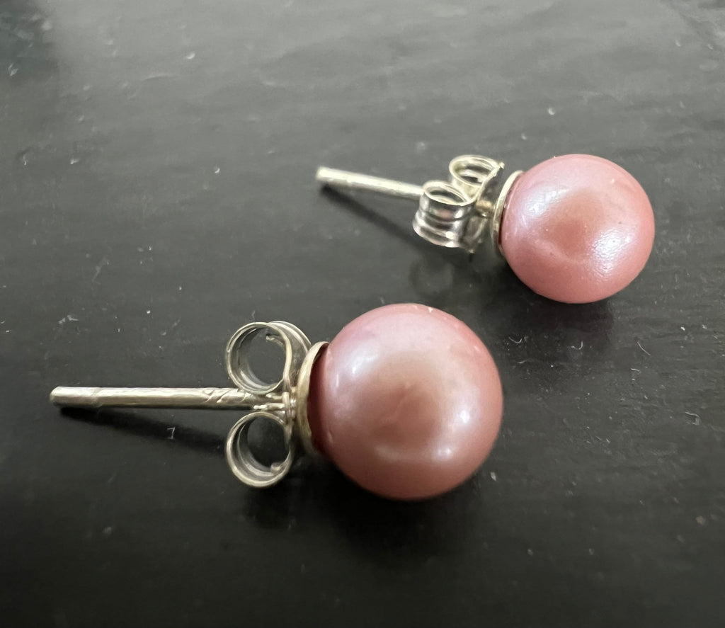 Shell pearl stud earrings, 925 sterling silver, pink, 6 mm | F15