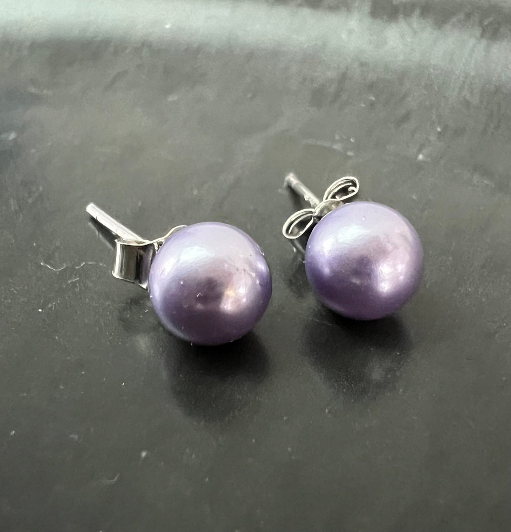 Shell pearl stud earrings, 925 sterling silver, lilac, 6 mm | F21