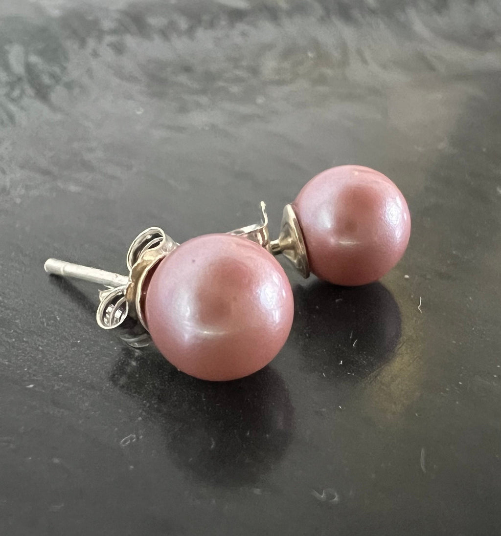 Shell pearl stud earrings, 925 sterling silver, pink, 6 mm | F15